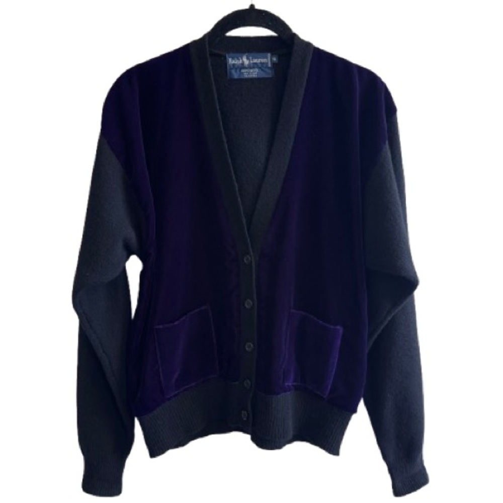 Vintage Ralph Lauren 100% Wool Black and Purple Velvet Cardigan Rare Whimsygoth